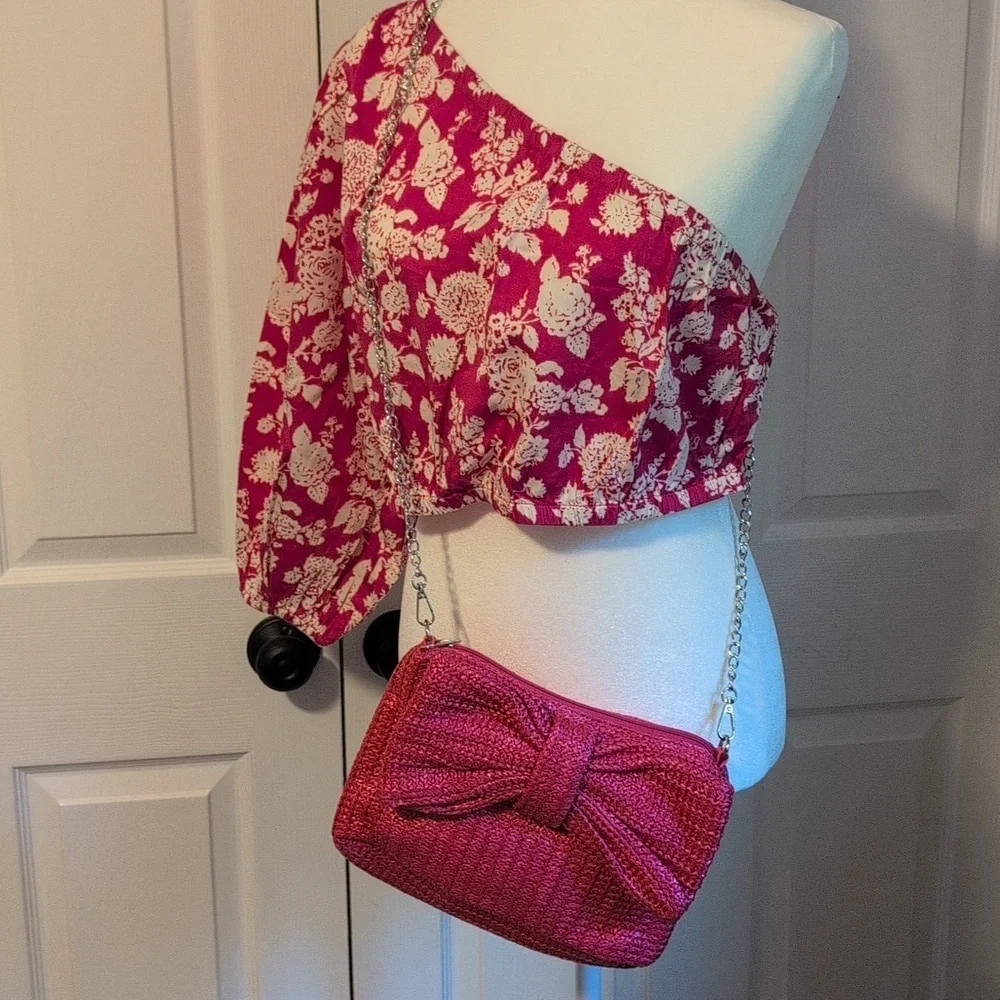 Women's Pink Straw Bow Clutch Handbag NWOT